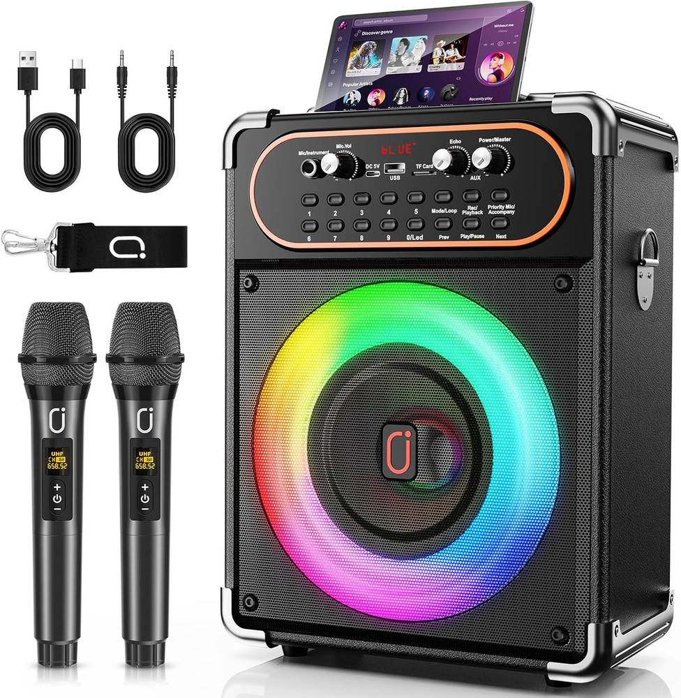 Karaoke Machine, Portable Bluetooth 5.3 Speaker with 2 Wireless Microphones for
