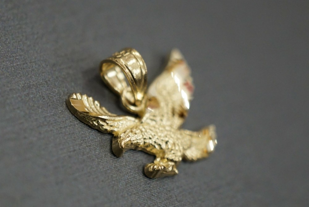 14K Solid Yellow Gold 0.5" Tiny Diamond Cut Eagle Charm Pendant.