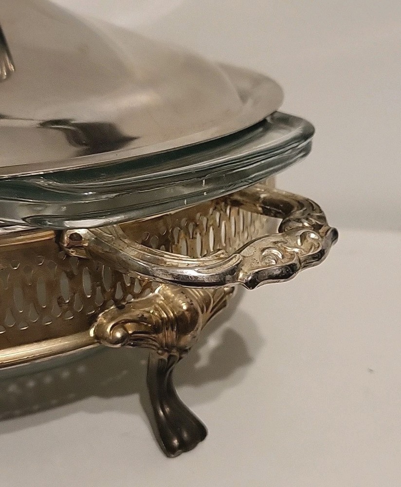 VTG Covered Casserole & Silver Plate 10" Glass Baking Dish Elegant Serving Set