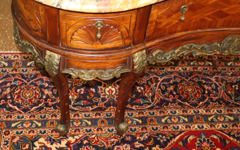 French Louis XV Style Inlaid Walnut Marble Top Etched Mirror Vanity Circa 1920's