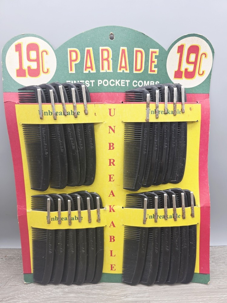 1950s PARADE Unbreakable Comb Store Display 22 Count, Bright Colors.