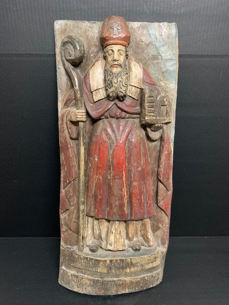 LARGE CARVED WOOD RELIGIOUS POLYCHROME SAINT AUGUSTINE PLAQUE