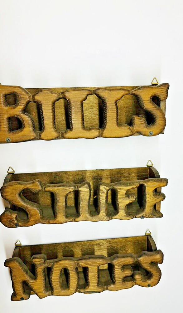 Vintage 3 Pc Wall Hanging Wood Organizer Pockets, "Bills" ,"Notes" & "Stuff"