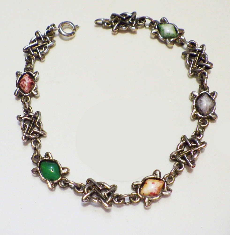 Vtg Celtic Knot & MultiColor Mottled Triangular Glass Cab Link Bracelet ST 8"