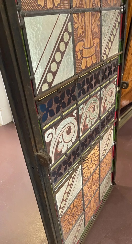 Arts & Crafts Leaded Stained Glass Window Panel with Iron Frame