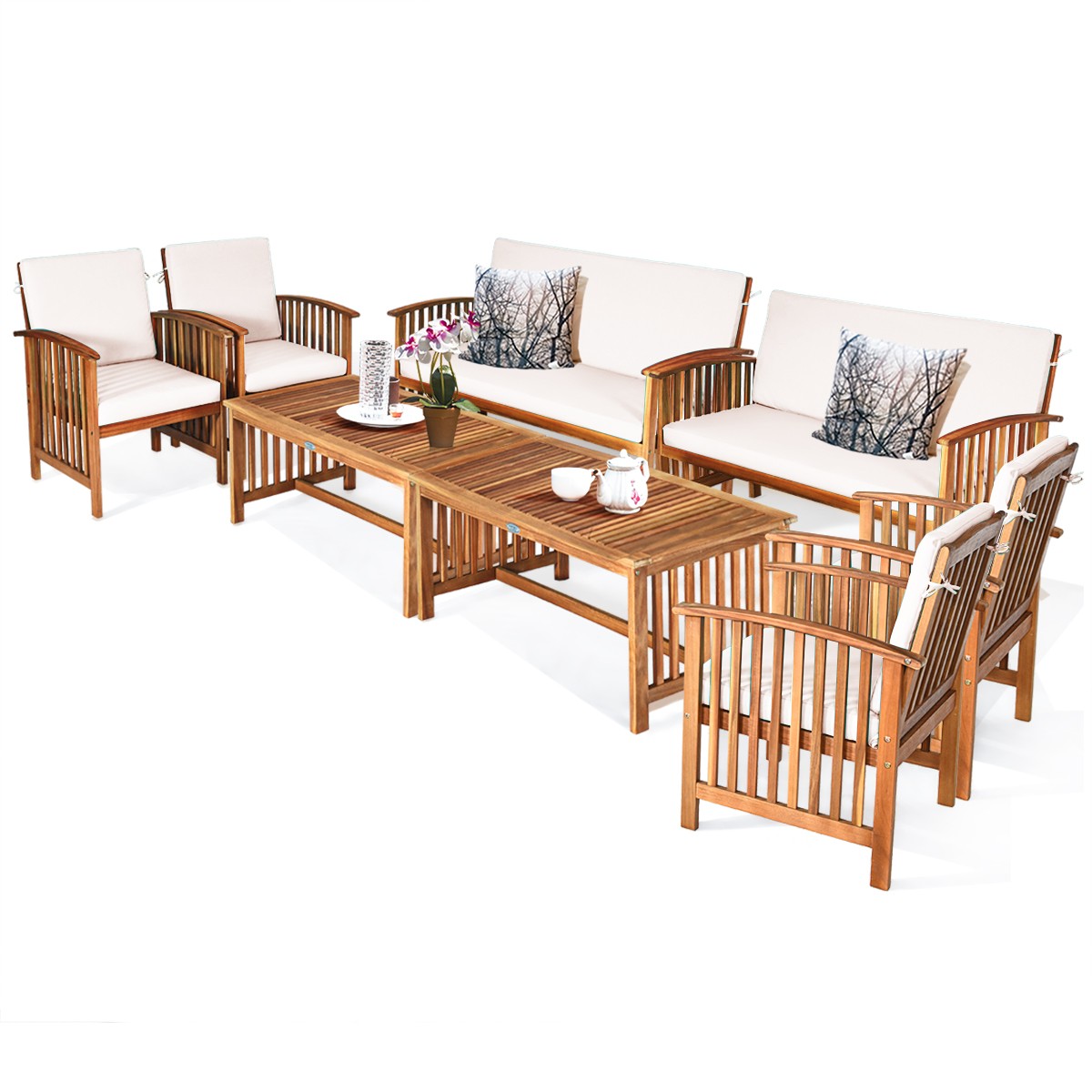 8PCS Patio Solid Wood Furniture Set Conversation Coffee Table W/White Cushion