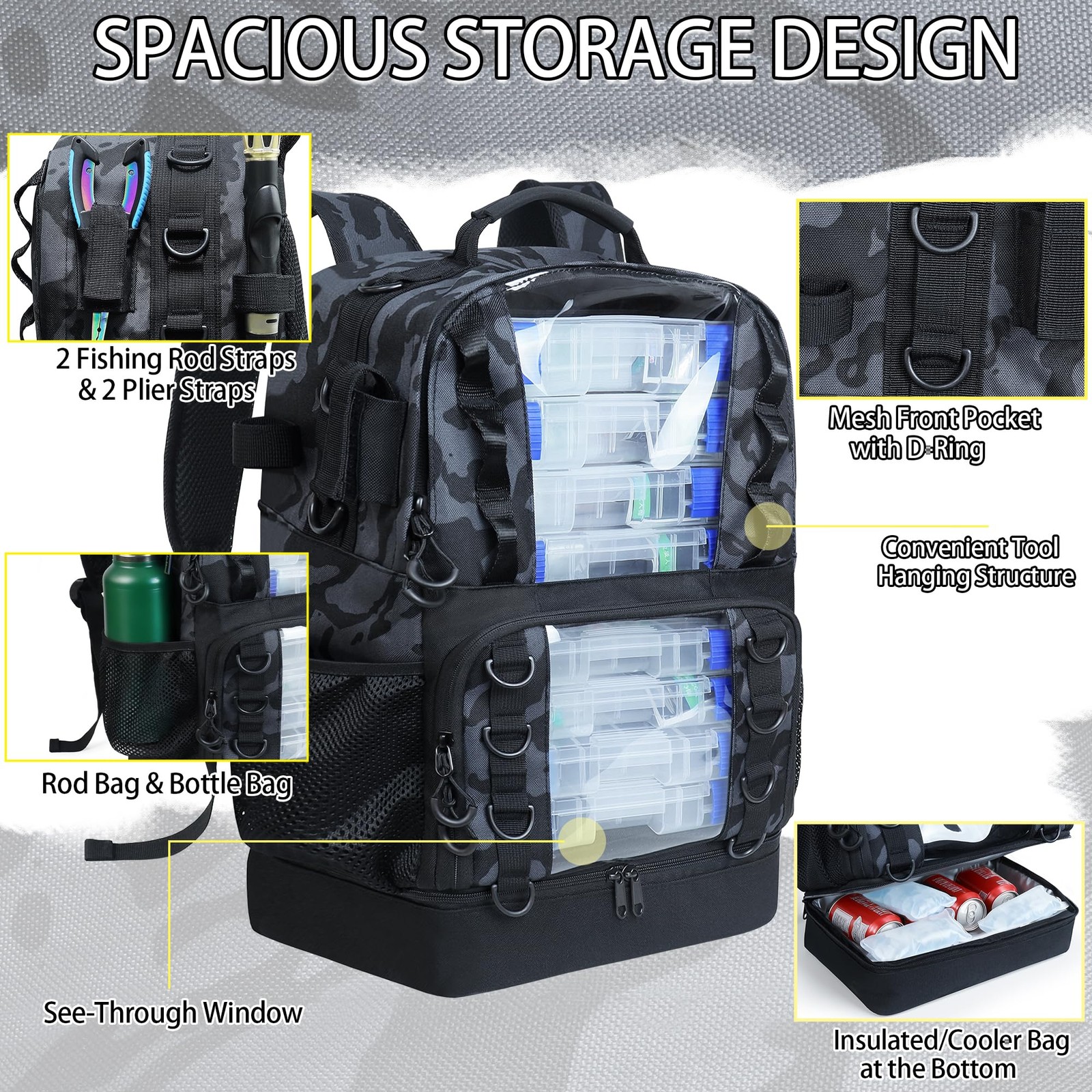 Fishing Tackle Backpack with Cooler,45L Large Tackle Bag with 2 Rod Holders &...