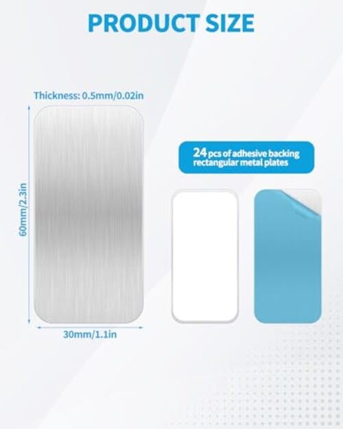 24 Pack Adhesive Metal Plates for Magnetic Rectangular-2.3*1.1 in-24pcs Silver