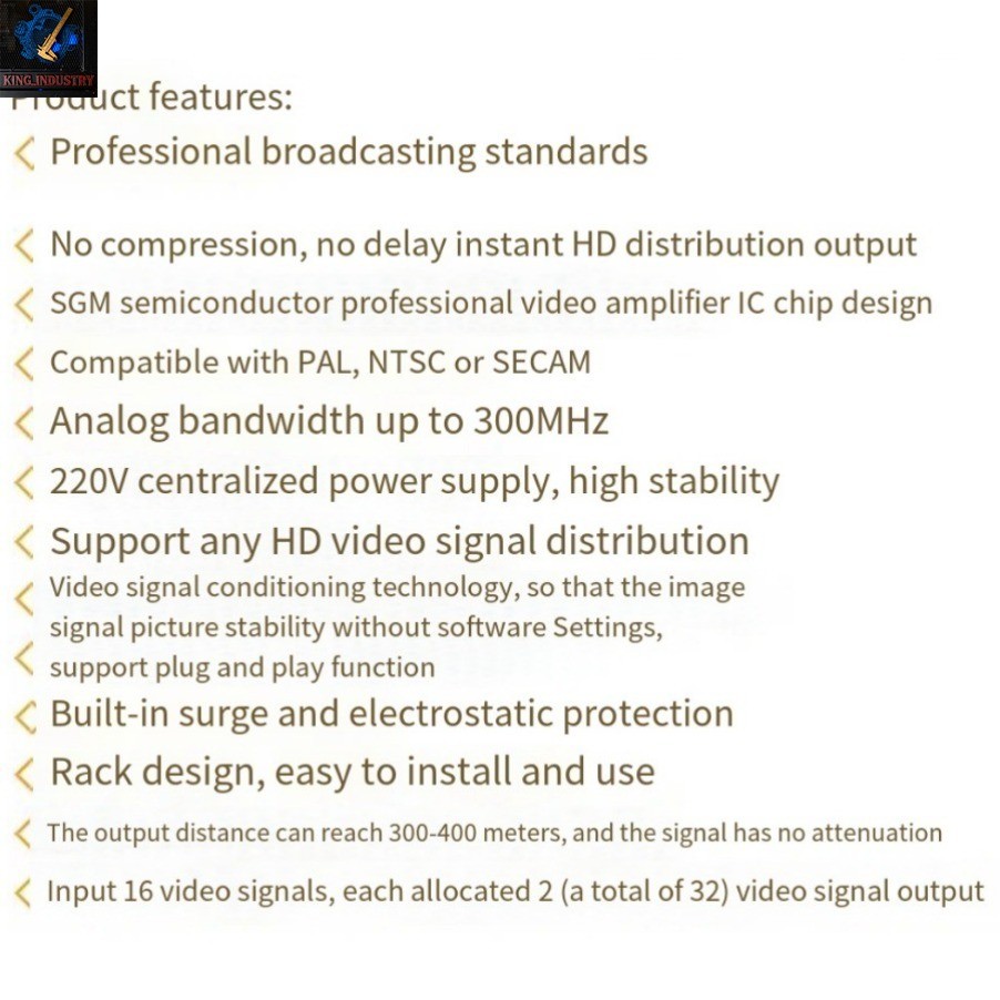 Rack-mounted 16-input 32-output video distributor BNC with 1 input and 2 outputs