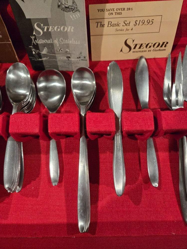 Stegor Stainless Gorham PACE 54pc Flatware Set w Box & Papers Mid Century