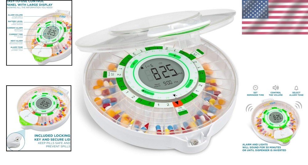 Automatic Pill Dispenser 28 Compartments, Large LCD, Key Lock, 4-Week Reminder