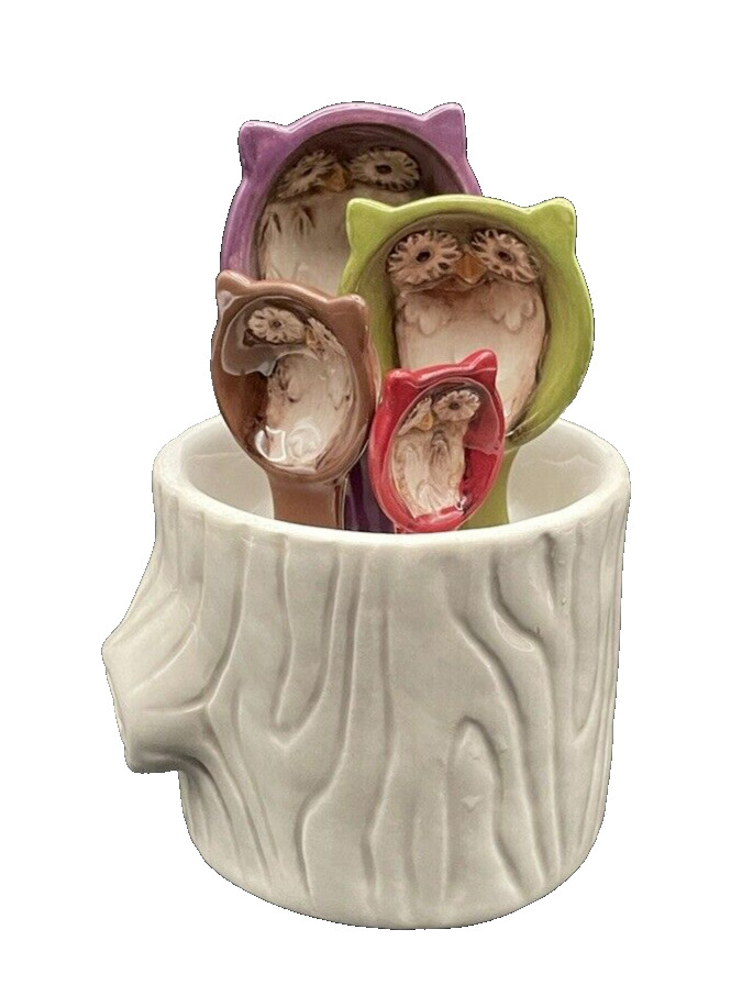 Multicolor Ceramic Owl Measuring Spoons in White Ceramic Tree Stump