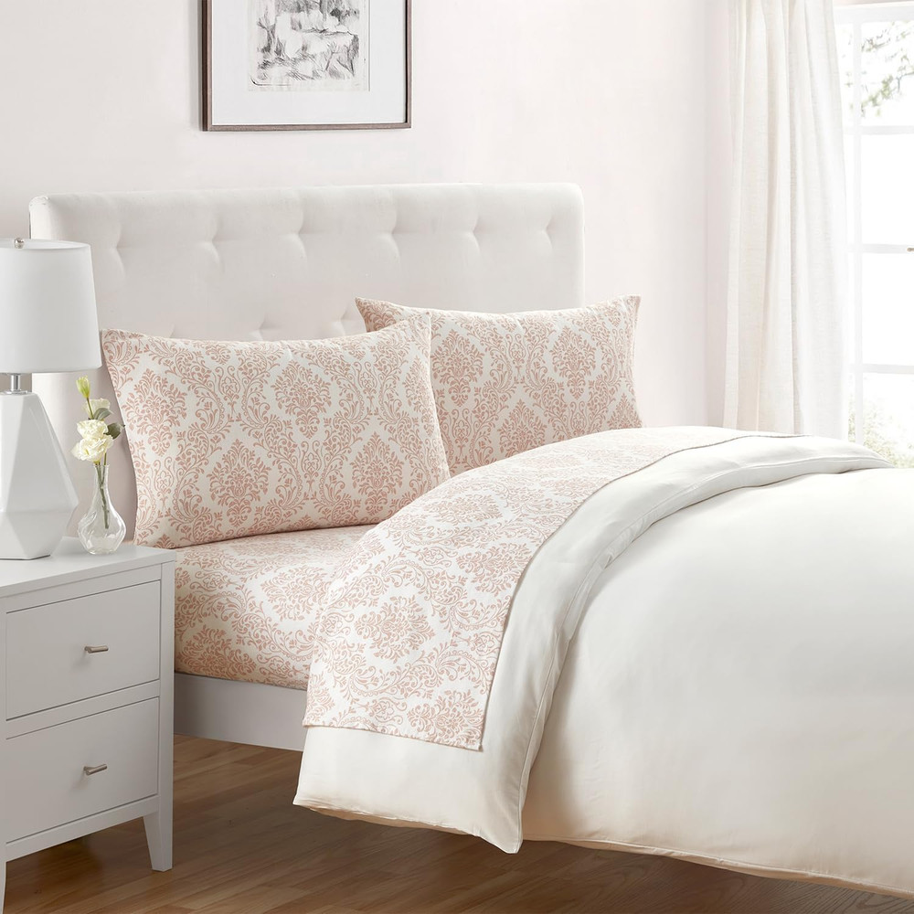 Queen Flannel Sheet Set, Soft Damask Blush Bedding, 4-Piece