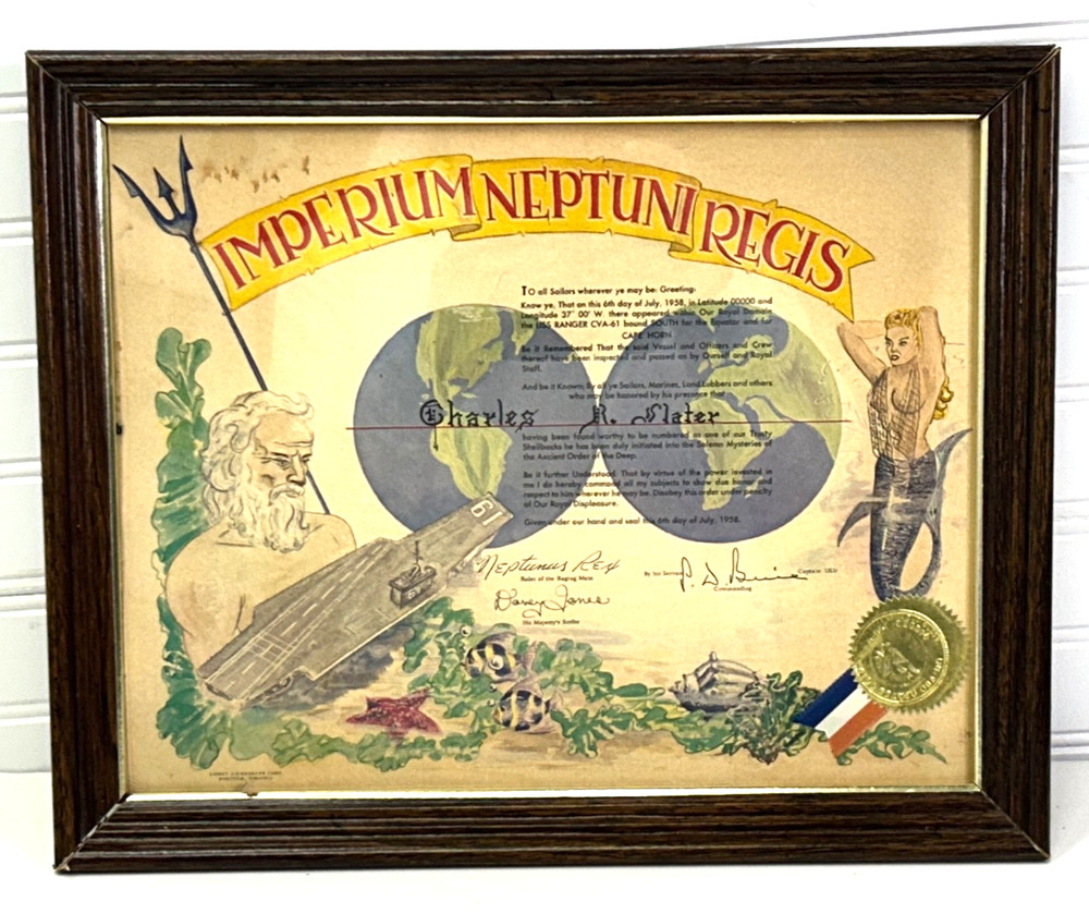 1958 USS Ranger CVA-61 Named & Framed Shellback Certificate