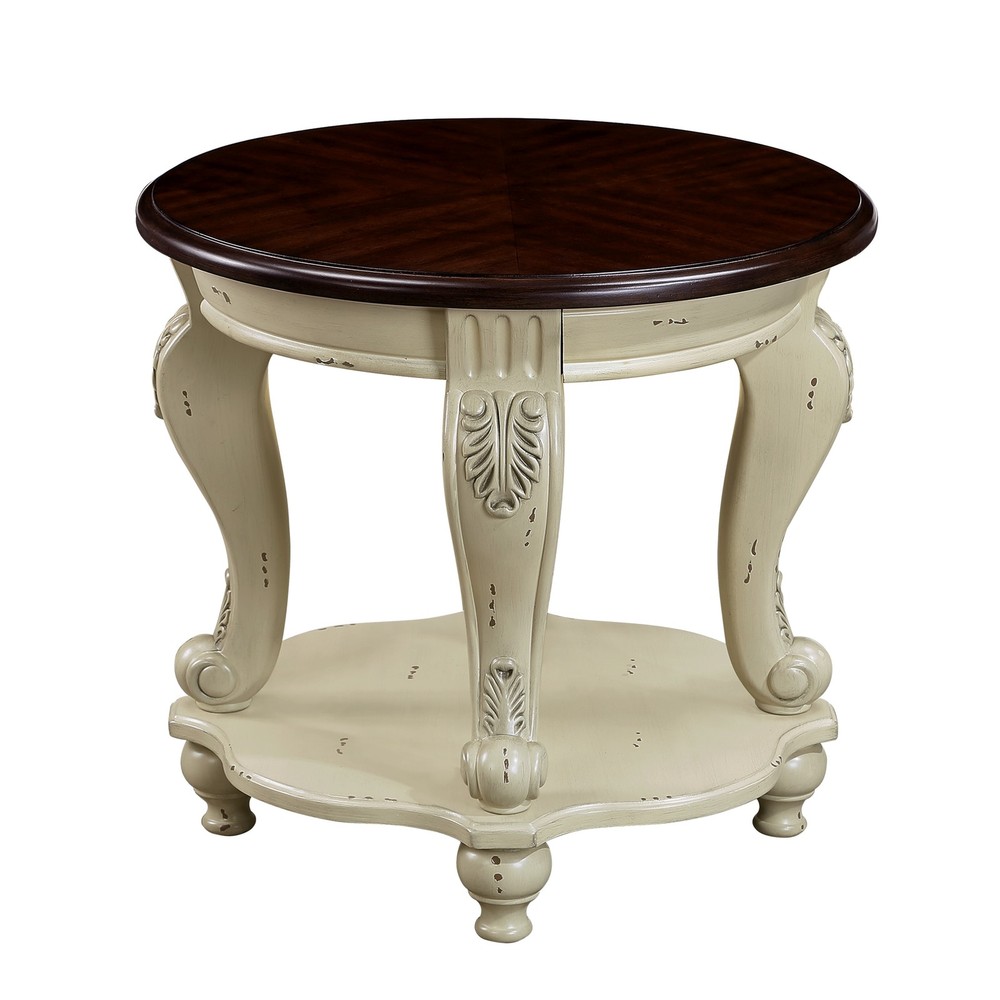 22'' Two Tone Round End Table,Solid Wood Sofa Side Table with Shelf,Living Roo