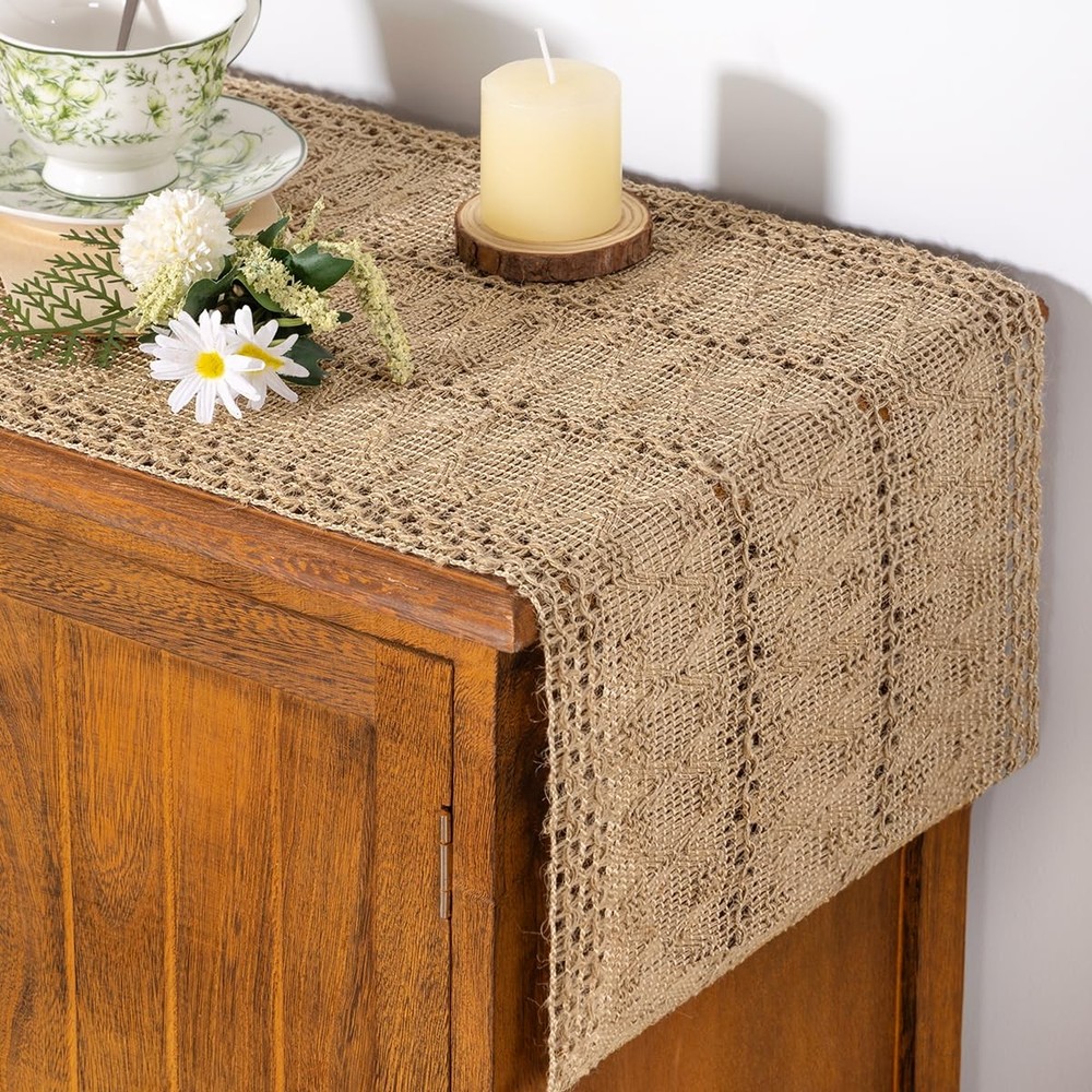 Boho Table Runner Easter Spring Farmhouse Burlap Jute Bamboo Rustic Dining Ki...