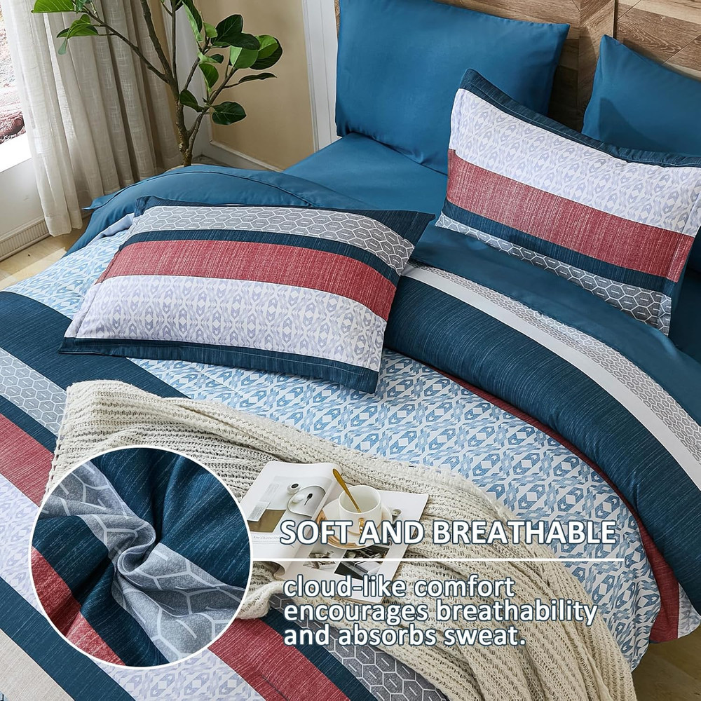 Blue Comforter Set King Size,Boho Striped Bedding Sets Bed in a Bag,7 Pieces Sof