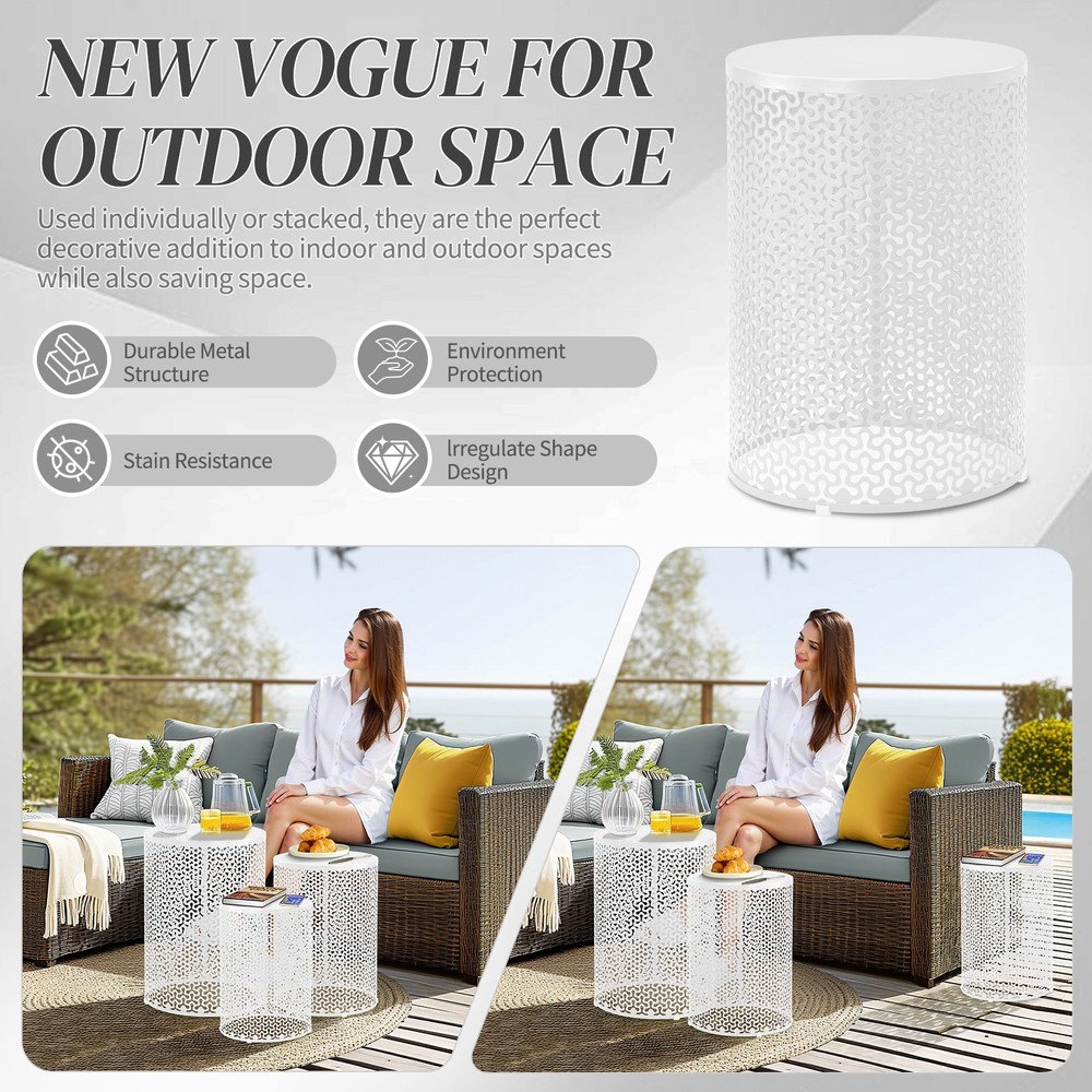 3PC Patio Nesting Side End Tables Shamrock Pattern Round Metal Frame for Outdoor