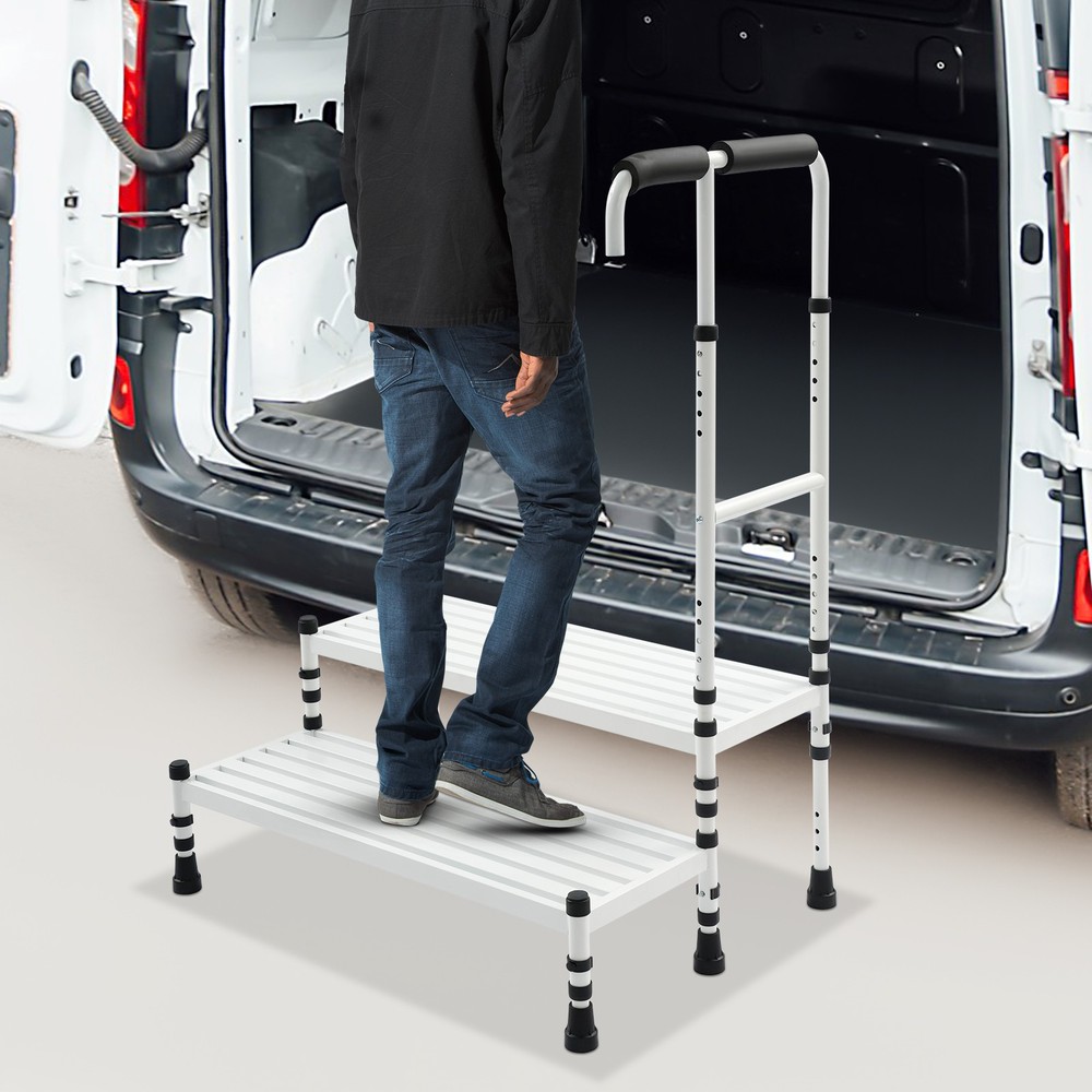 2-Step Stool with Handle, Floor Standing Metal Stepping Stool, White Step Stool