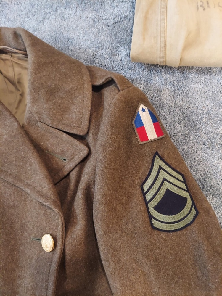 WWII Uniform Grouping - WW2 Sergeant Uniform Set - Jacket, Pants, Overcoat Etc