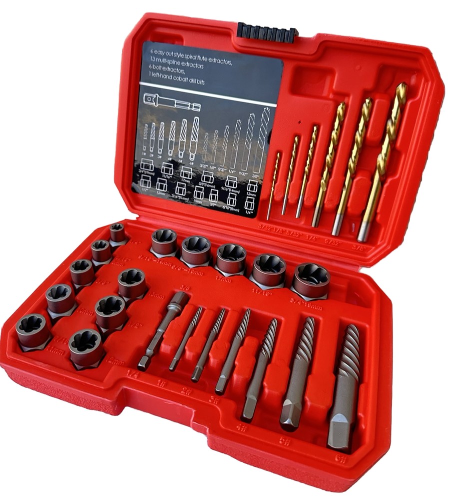 26pc Screws Bolt Extractor Set W/Reverse Drill Bit Kit Lug Nut Extraction EZ Out