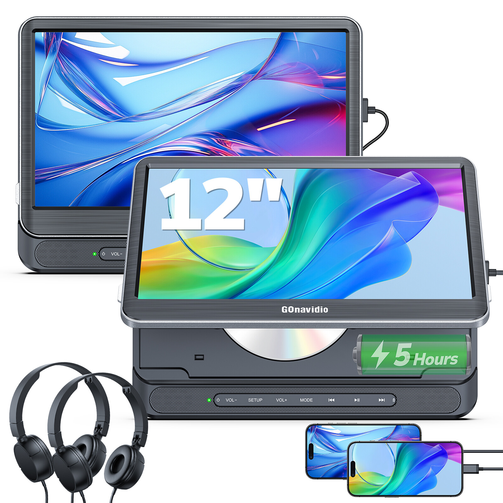 2 x 12 Inch Full HD Car Headrest Monitor TV DVD Media Player USB SD W/ Headsets[