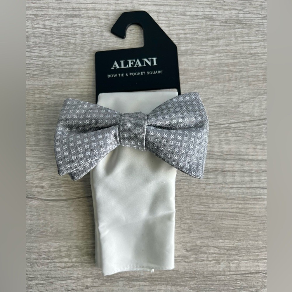 Alfani Men's Solid Texture Pocket Square and Bow Tie Gray & White