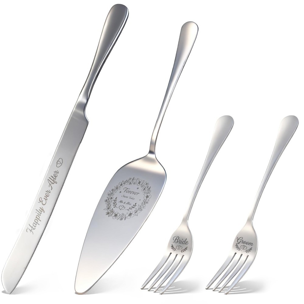 4 PCS Wedding Cake Cutting Set Knife Server Forks Bride Groom Silverware