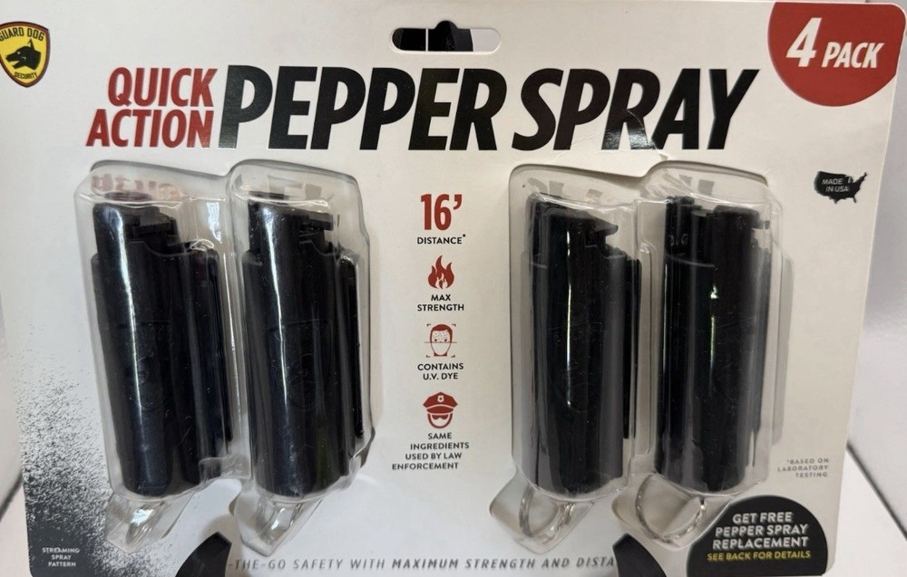 4 Pepper Spray Guard Dog Max Strength UV Dye 16f Range Plastic Case with Keyring