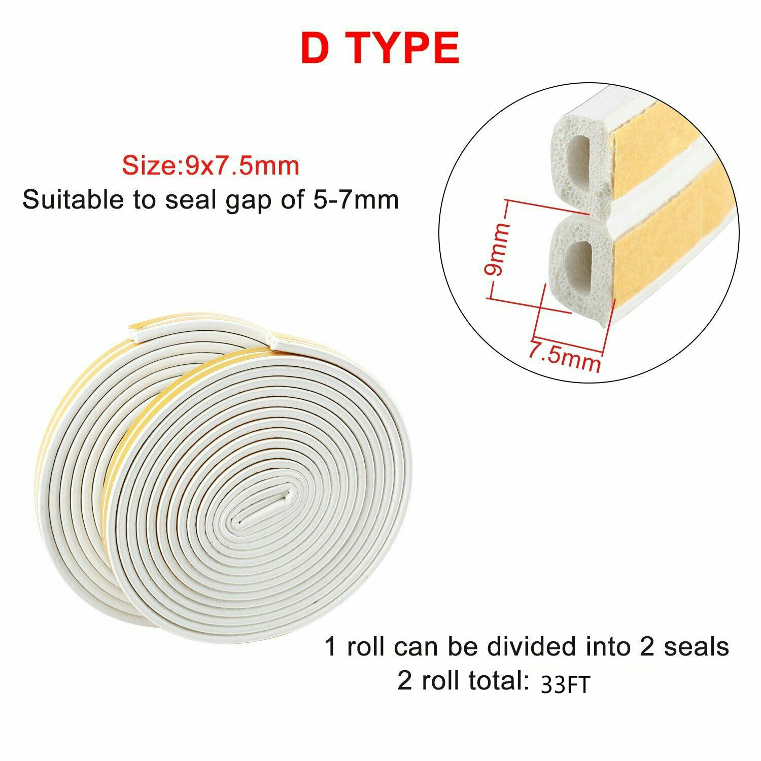 33ft Soundproof Weather Stripping Door Kit Self-Adhesive Rubber Door Seal Strip