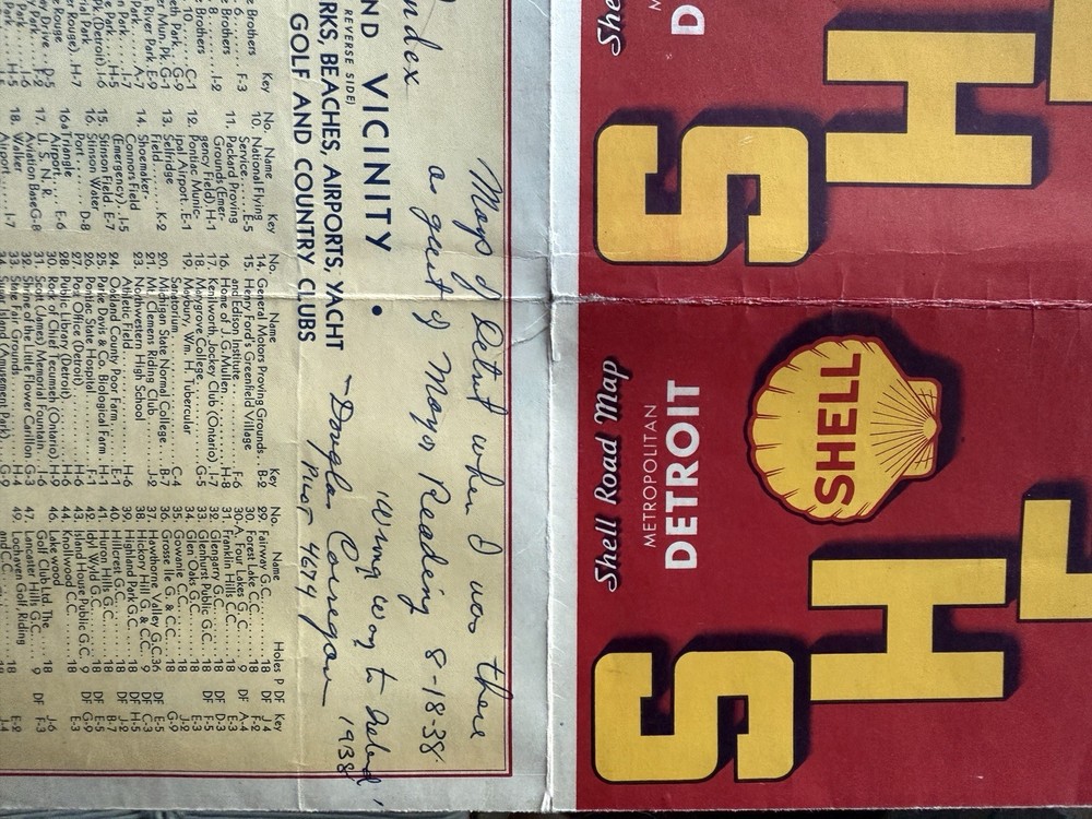 1938 Douglas "Wrong Way" Corrigan Signed Detroit Shell Map Aviation Autograph