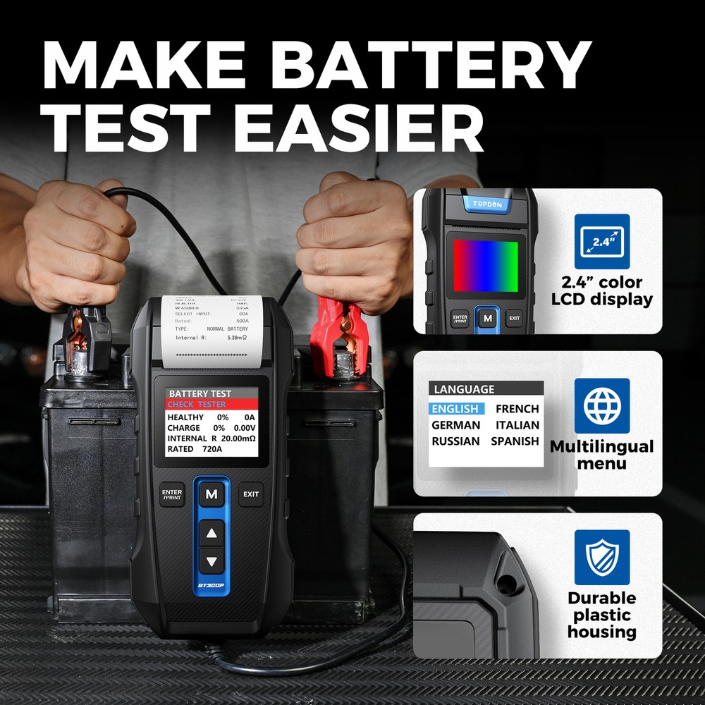 TOPDON BT300P Car Battery Tester Cranking Charging System Analyzer with Printer