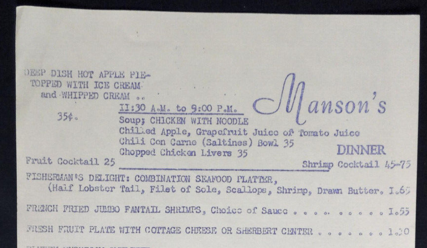 Mystery Menu Mansons No location 1954