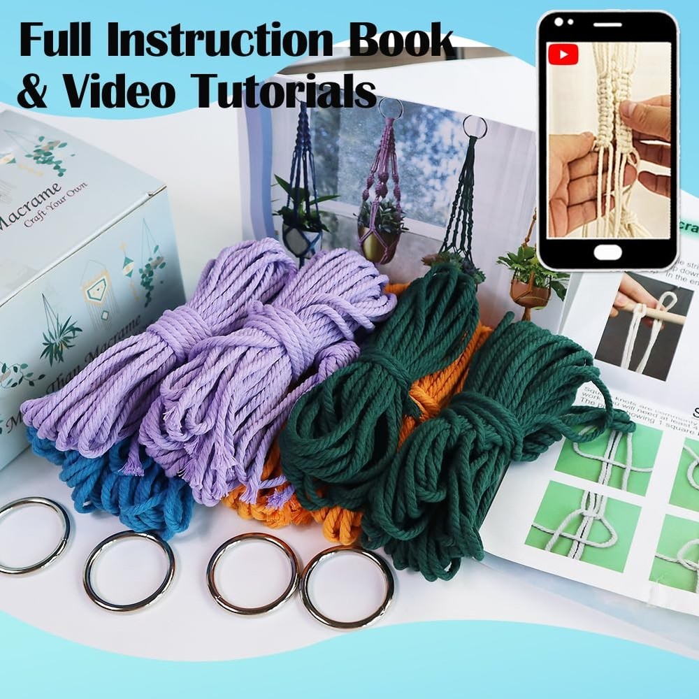 Macrame Plant Hanger Kit with Instruction Book Tutorials Metal Rings 4mm Macr...