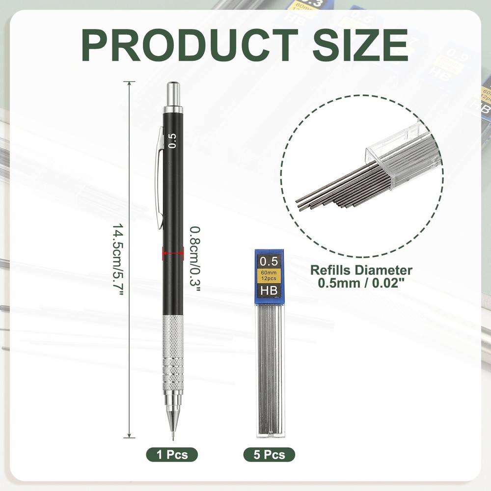 Mechanical Pencil 0.5mm Fine Point with 5Pcs Refills, Black