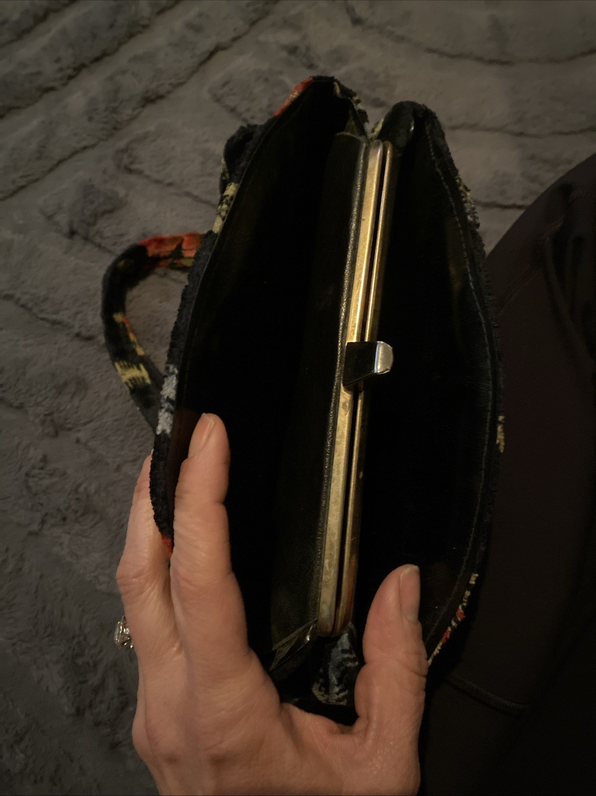 Vintage Carpet Bag Needlepoint Tapestry Satchel Floral Black