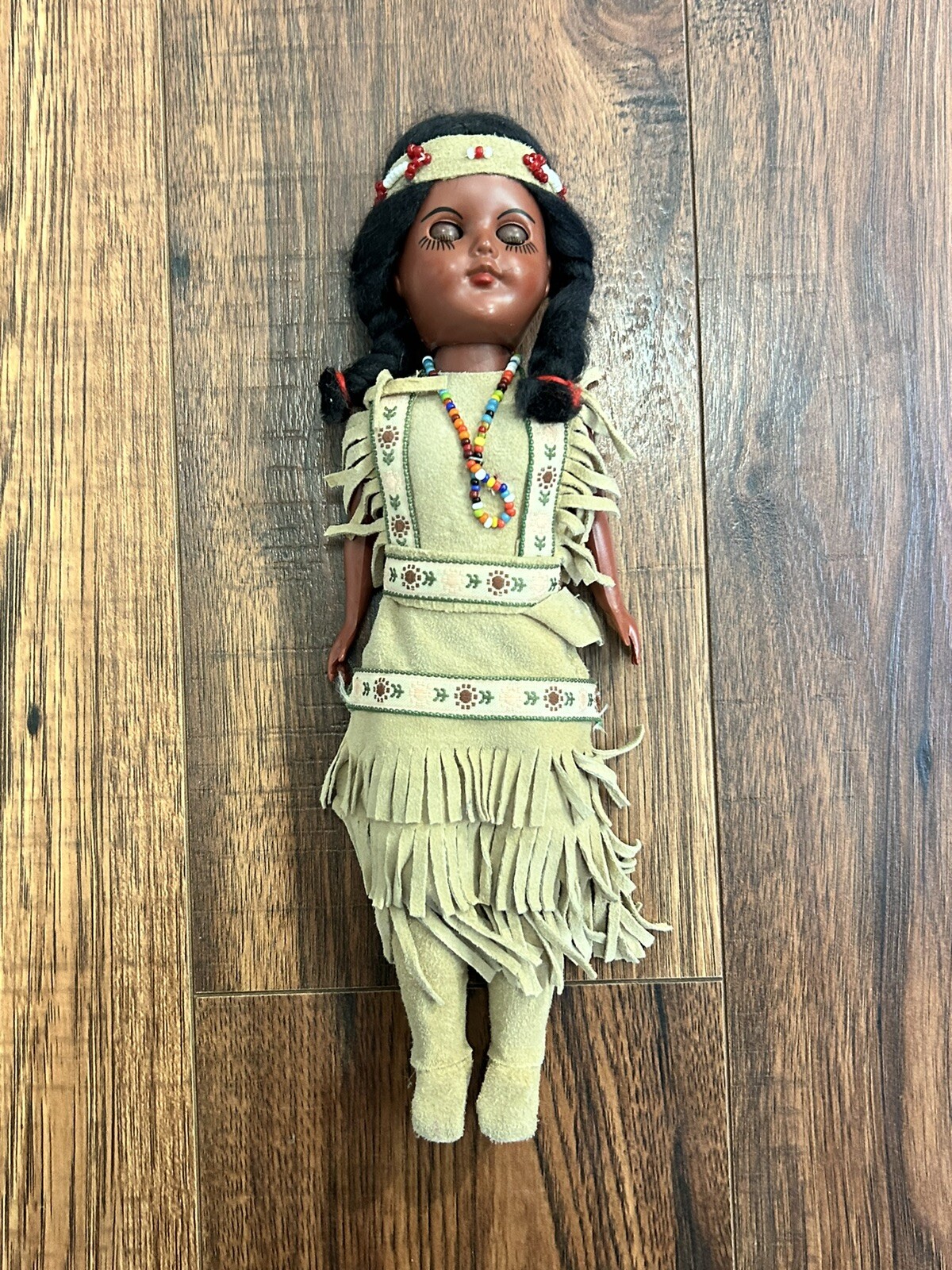 Vintage Native American Indian Sleepy Eye Doll Plastic W/ Leather Clothes Beads