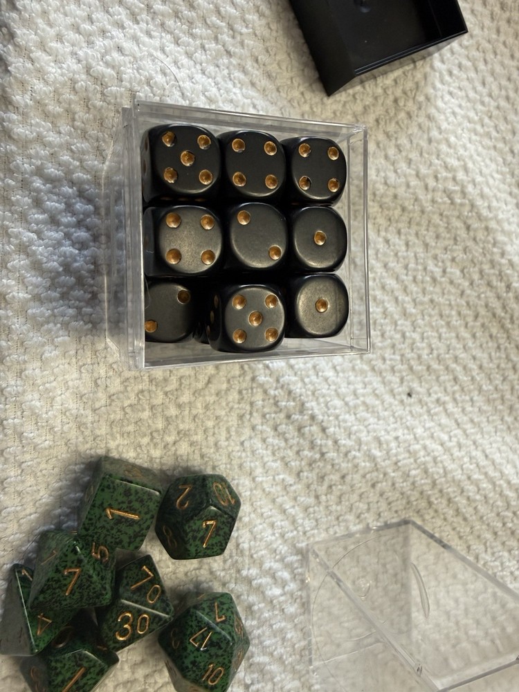 2 Polyhedral game dice sets, Green & Yellow + Black 35 Mini Dice