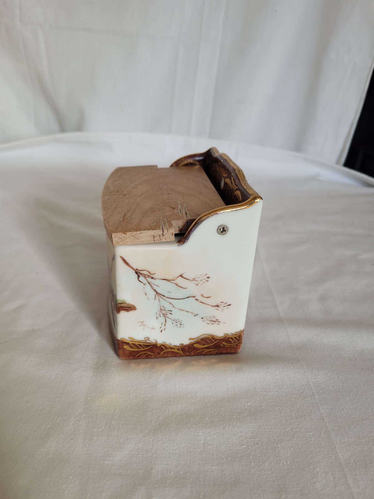 Vintage porcelain oak leaf acorn design wall salt box cellar wood tope