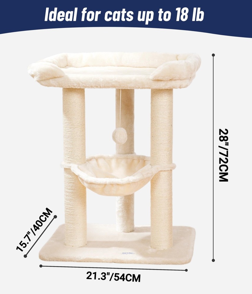 28" Cat Tree Tower, Tall Cat Scratching Post with Soft Perch for Window Viewi...