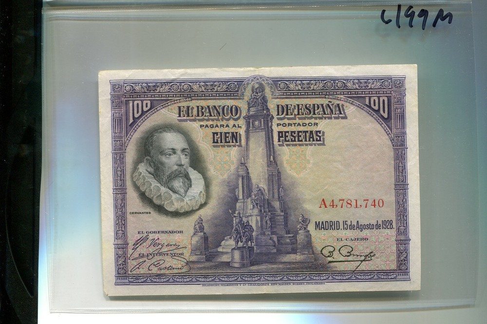 SPAIN 1928 100 PESETAS  CURRENCY NOTE VF 6199M