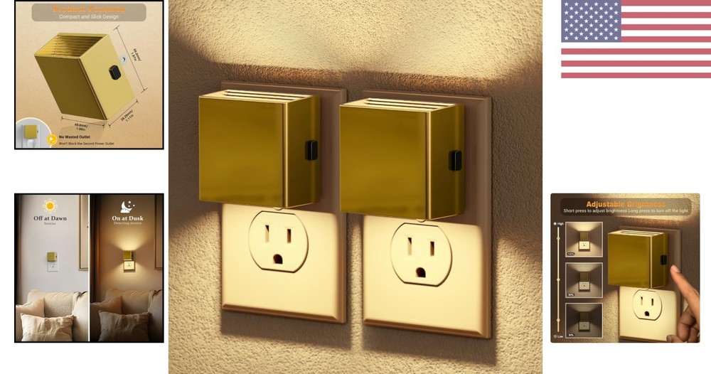 Stylish 2 Pack Electroplated Gold LED Night Lights - Adjustable Soft White Glow