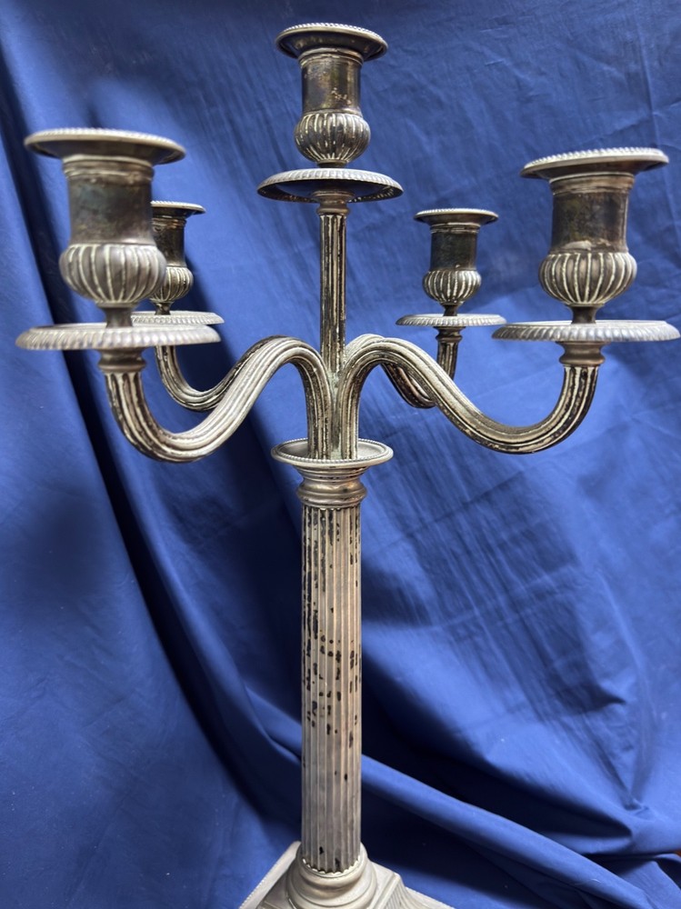 Pair Solid Silver 5-Light Candelabra Neoclassical Column Candlesticks 2.9lb Each