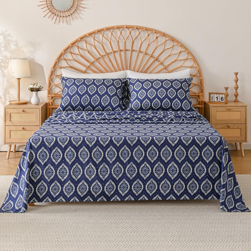 Yibeizi Navy Blue Boho Patterned Queen Sheet Set Microfiber 4 Piece Bedding