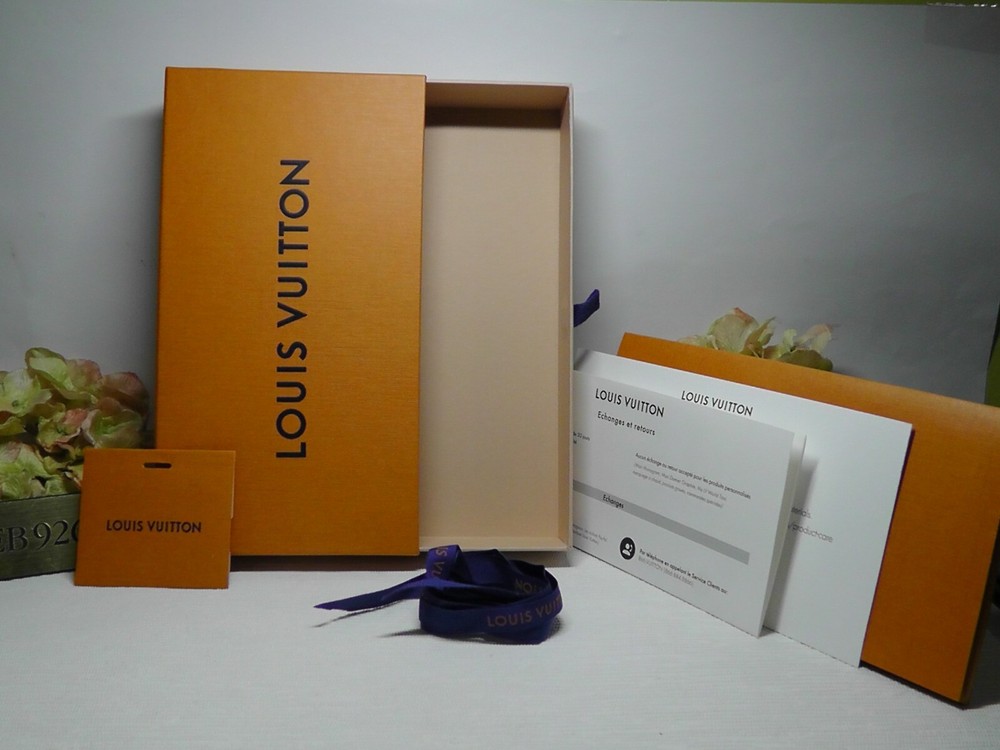 LOUIS VUITTON 6 PC: Drawer Empty Box + Ribbon + Gift Tag + Envelope + Exc. & Ret