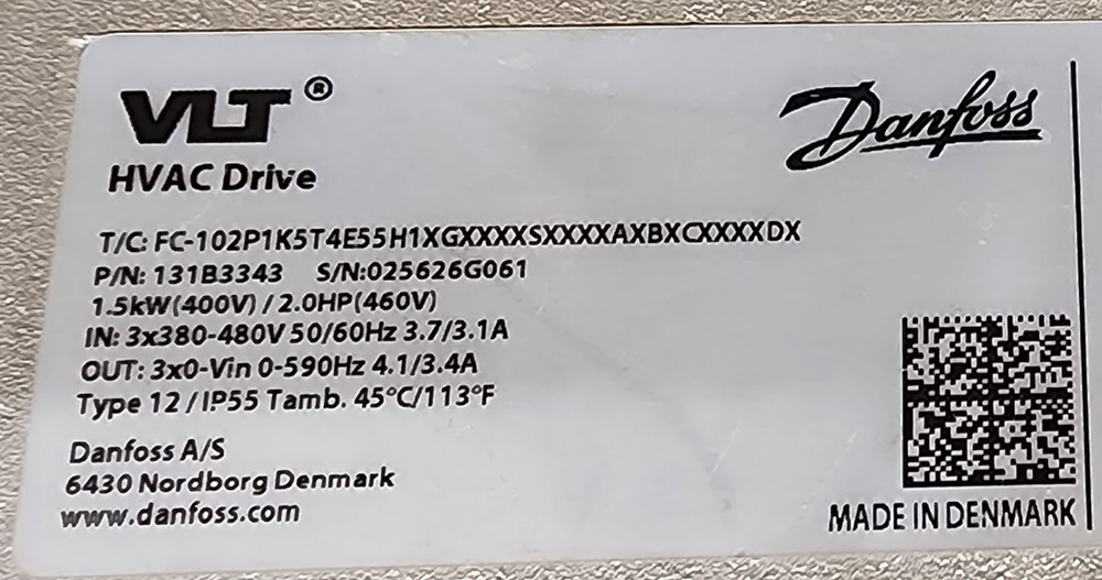 Danfoss VLT FC-102P1K5T4E55H1 HVAC Drive Variable Frequency Drive