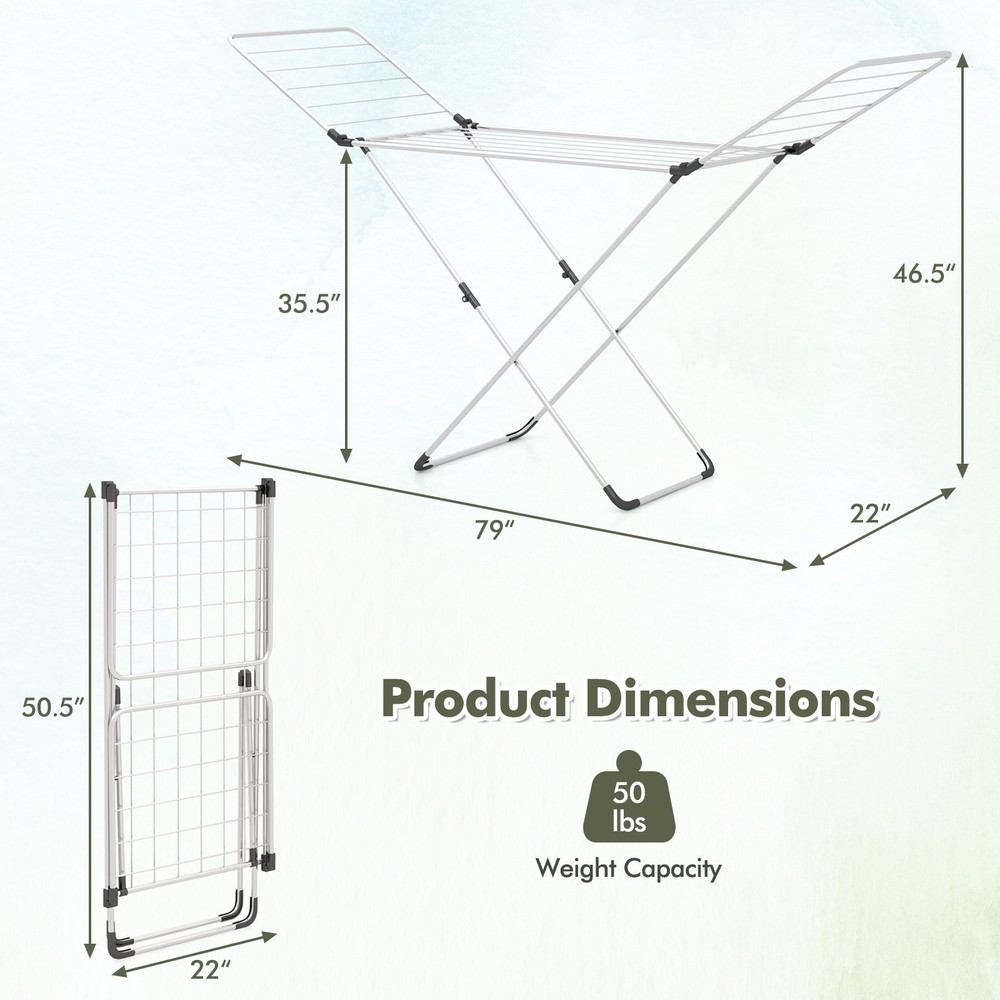 Folding Clothes Drying Rack w/ No Assembly Adjustable Wings 20 Drying Rails