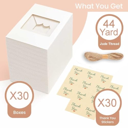 30 Pack Treat Boxes for Desserts - Cookie Boxes with Window for Gift White
