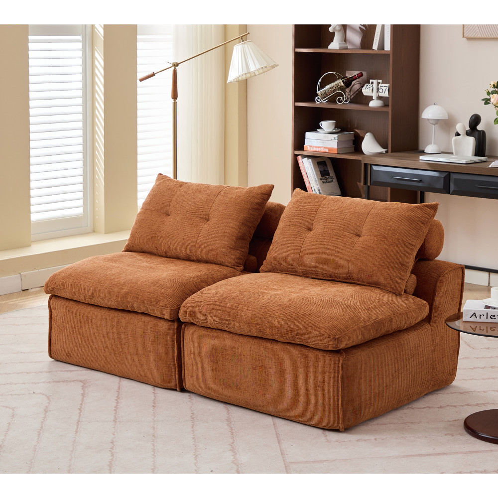 2 Seater Armless Sofa, Orange Upholstered Modern Cushion Back for Small Space