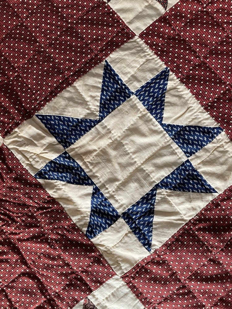 19th c. patchwork star quilt hand stitched 86x94"